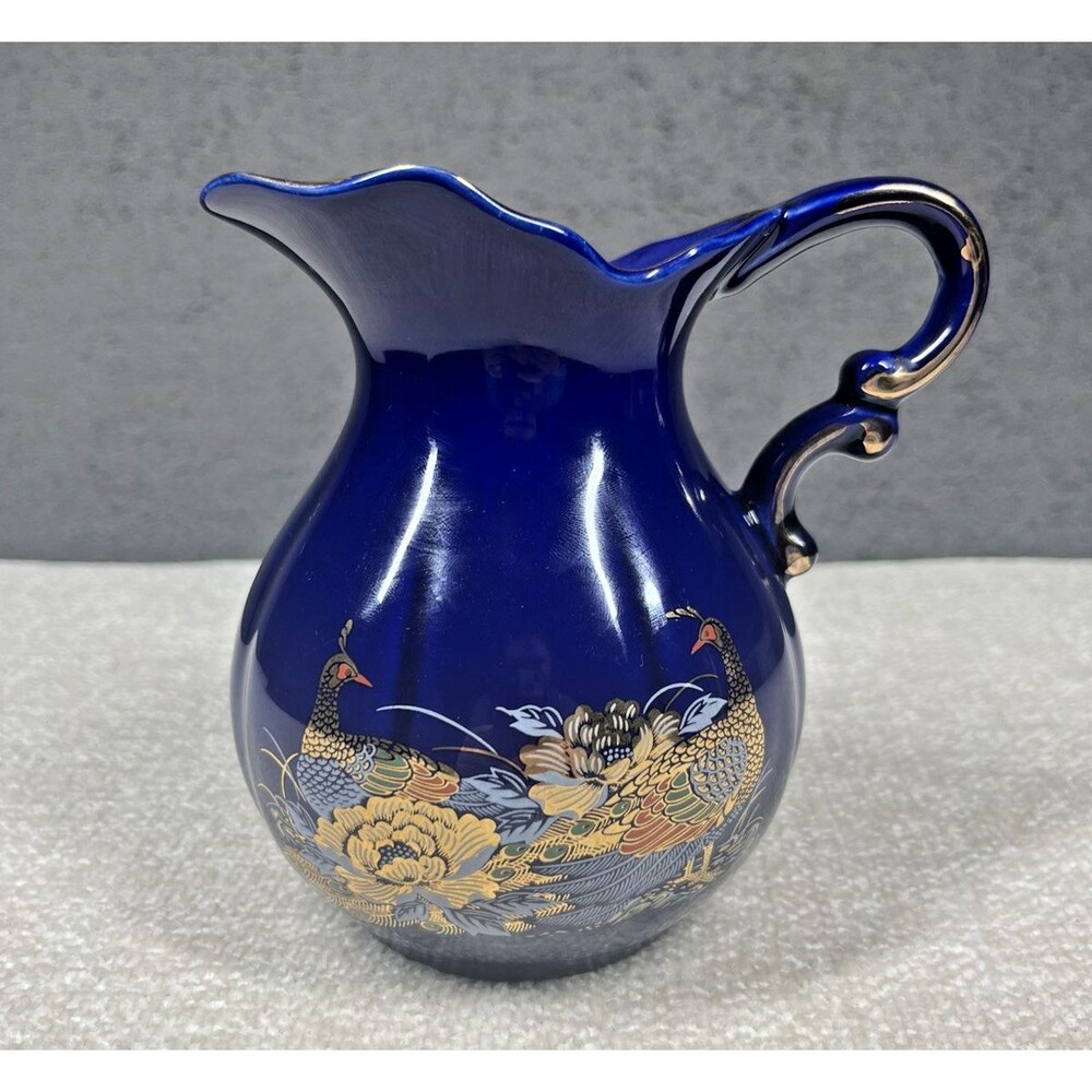 Vintage Cobalt Creamer Vase 5 1/2" Blue Gold Hand Painted Peacock Old Money